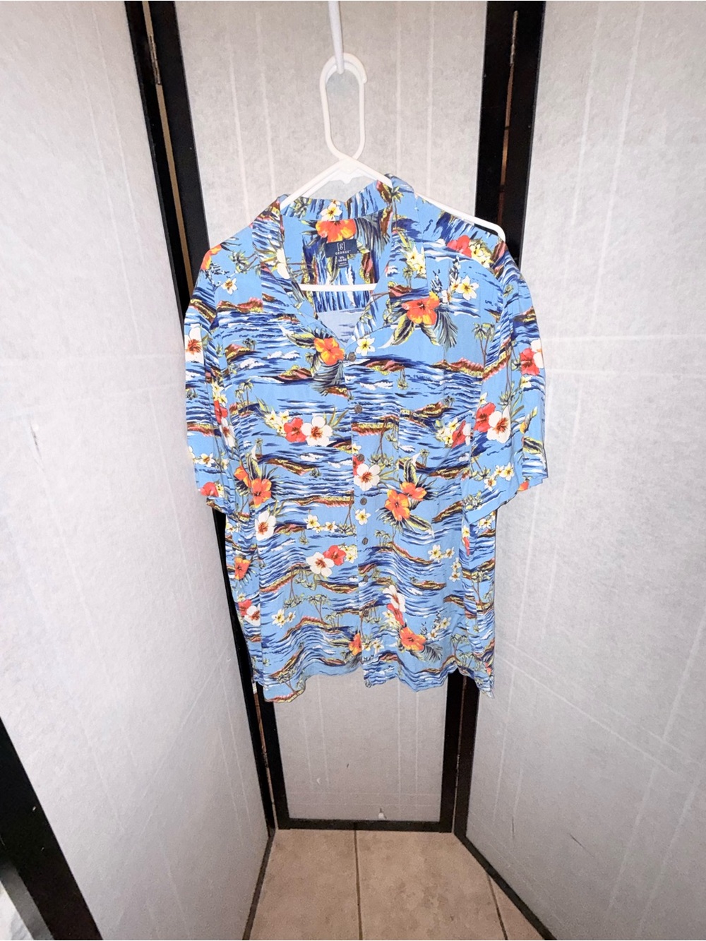 George Blue Hawaiian Shirt with Orange and Yellow Floral Accents
